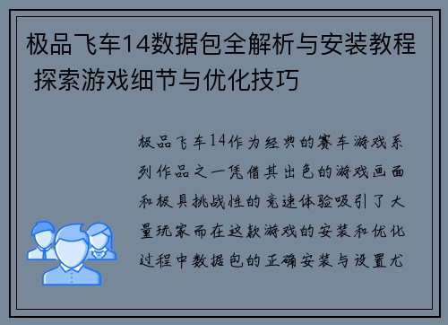 极品飞车14数据包全解析与安装教程 探索游戏细节与优化技巧