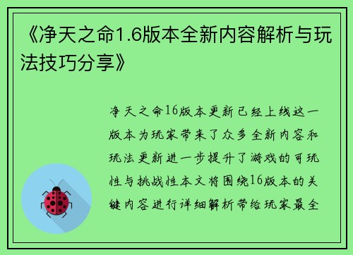 《净天之命1.6版本全新内容解析与玩法技巧分享》